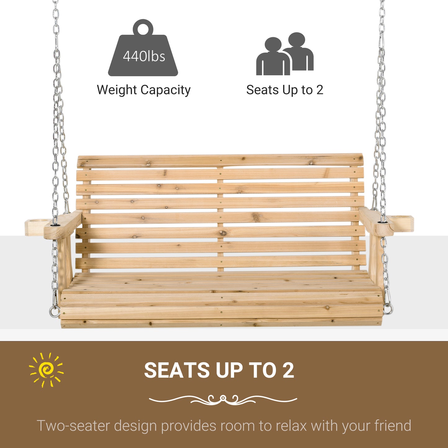 Outsunny 2 Seater Porch Swing Wooden Patio Swing Chair Seat with Cup Holder and Chains Outdoor Swing Bench for Garden Yard, Black