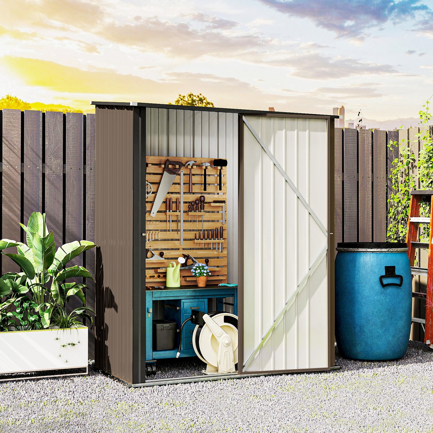 Outsunny 5' x 3' Outdoor Storage Shed, Steel Garden Shed with Single Lockable Door, Tool Storage Shed for Backyard, Brown