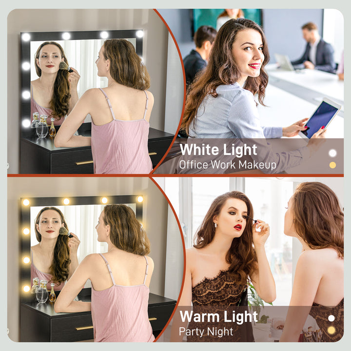 HOMCOM Makeup Vanity Table Set with Stool, Dressing Table with LED Lighting Mirror, Drawers, for Bedroom, Black