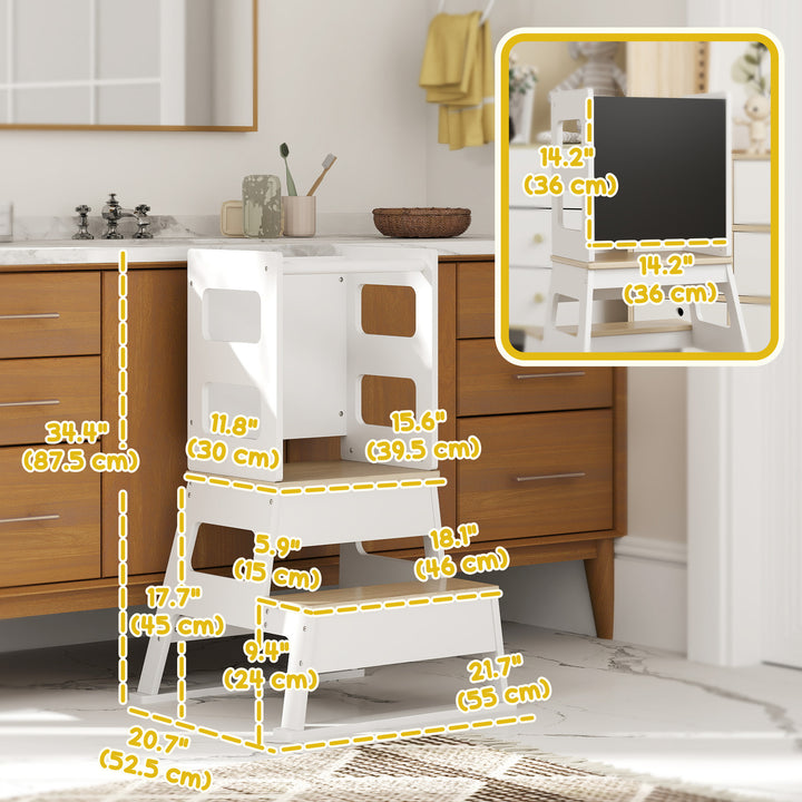 Qaba 2 in 1 Toddler Tower Kitchen Helper w/ Chalkboard, Safety Rail, for Counter, Bathroom, Sink, Kitchen, White