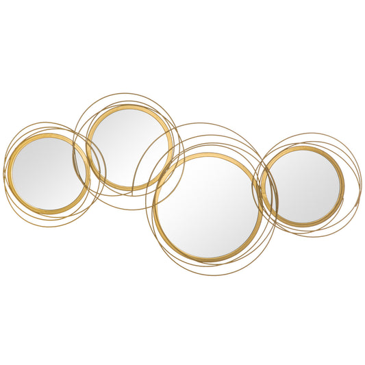 HOMCOM Metal Wall Art Gold Frame Circle Bathroom Mirror Decor Home Hanging Wall Sculptures for Living Room Bedroom Dining Room, 42.25" W x 22" H, Gold