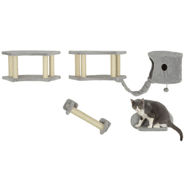 PawHut Wall Mounted Cat Shelves with Scratching Post, Ladder, Condo, Jumping Platforms, Light Grey