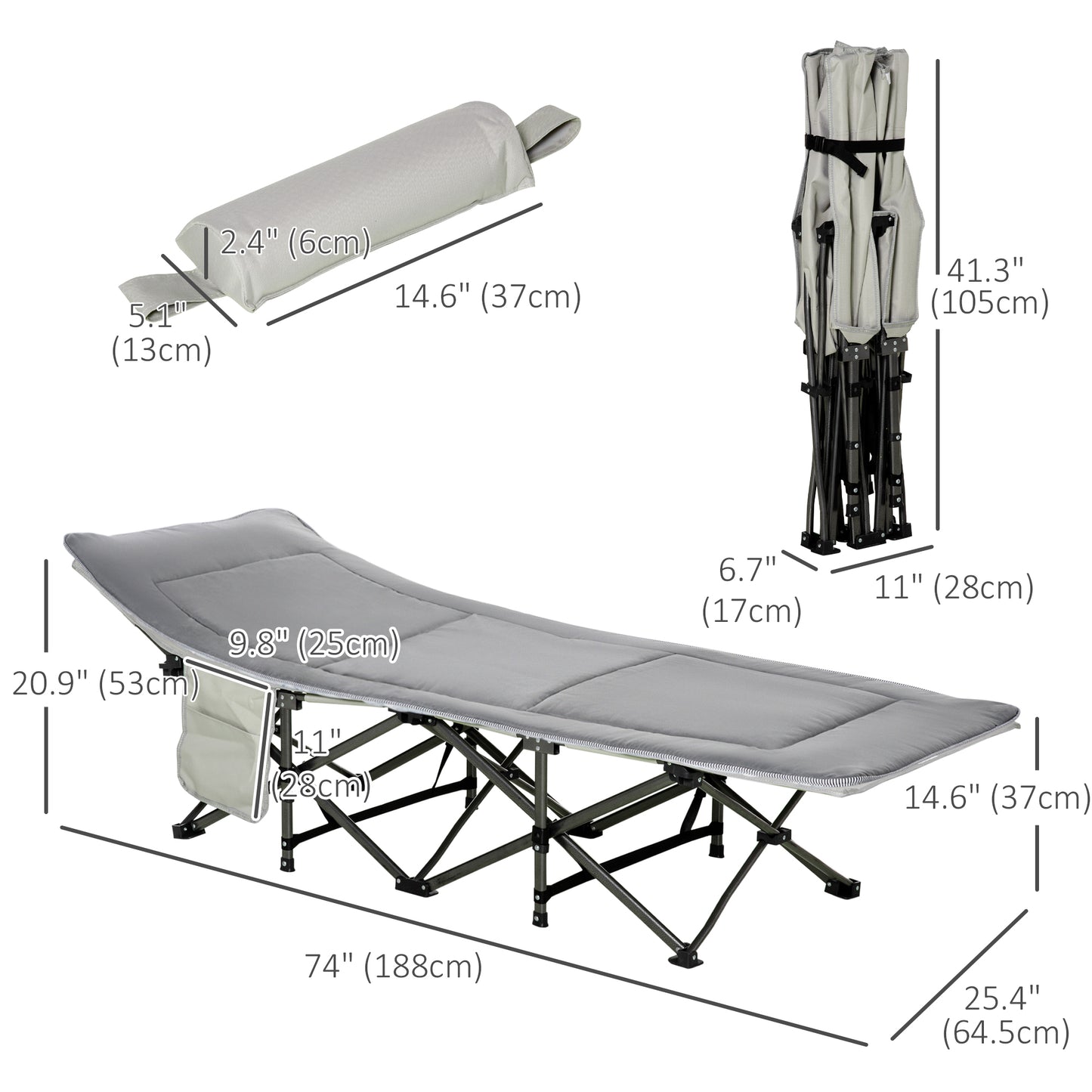 Outsunny Folding Camping Cot with Mattress & Pillow, Double Layer Oxford Heavy Duty Sleeping Cot with Carry Bag Light Grey