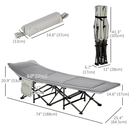 Outsunny Folding Camping Cot with Mattress & Pillow, Double Layer Oxford Heavy Duty Sleeping Cot with Carry Bag Light Grey