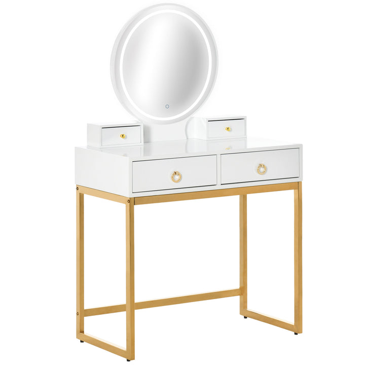 HOMCOM Makeup Vanity Table Set with 3-Color Touch Screen Dimmable Lighted Mirror, Dressing Desk with 4 Drawers and Cushioned Stool for Bedroom, White