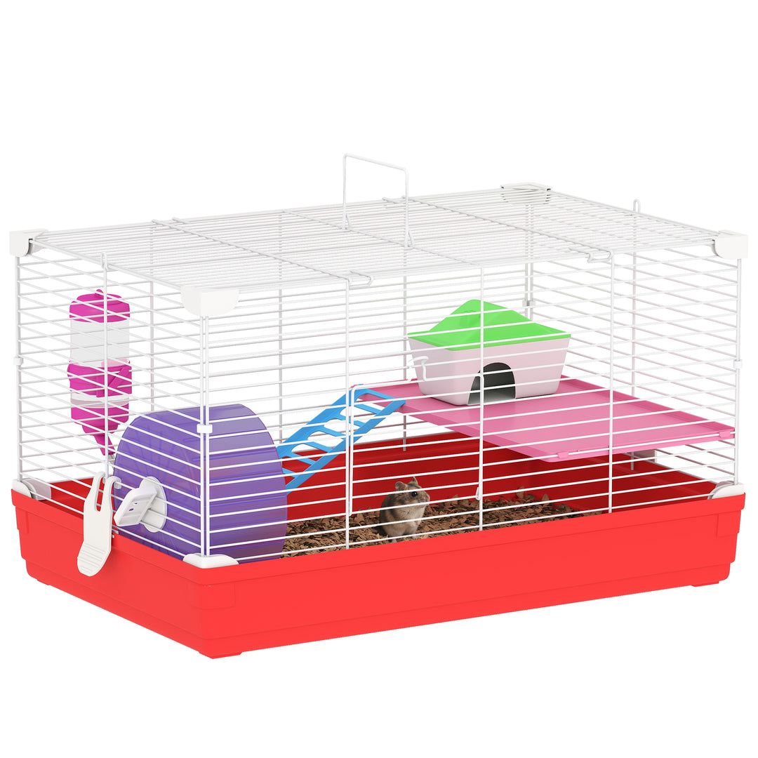PawHut 18.5'' Hamster Cage with Exercise Wheel and Water Bottle Dishes, Rat House and Habitats 2 Storey Design, Red