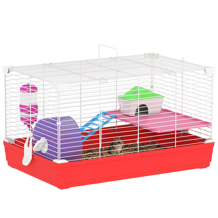 PawHut 18.5'' Hamster Cage with Exercise Wheel and Water Bottle Dishes, Rat House and Habitats 2 Storey Design, Red