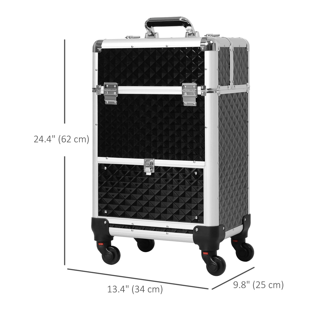 HOMCOM Portable Aluminum Makeup Train Cases, Rolling Makeup Case, Salon Beauty Cosmetic Jewelry Organizer Trolley with 4 Wheels, Pink