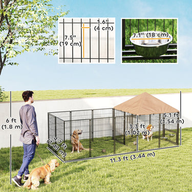 PawHut Outdoor Dog Kennel with Rotating and Adjustable Height Bowls, Waterproof UV-Resistant Cover, 11.3' x 4.7' x 5.1'