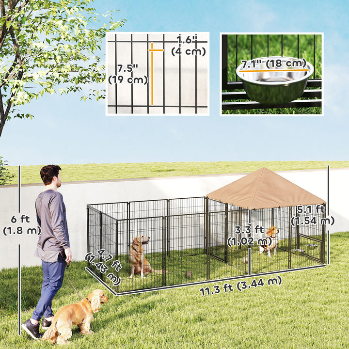 PawHut Outdoor Dog Kennel with Rotating and Adjustable Height Bowls, Waterproof UV-Resistant Cover, 11.3' x 4.7' x 5.1'