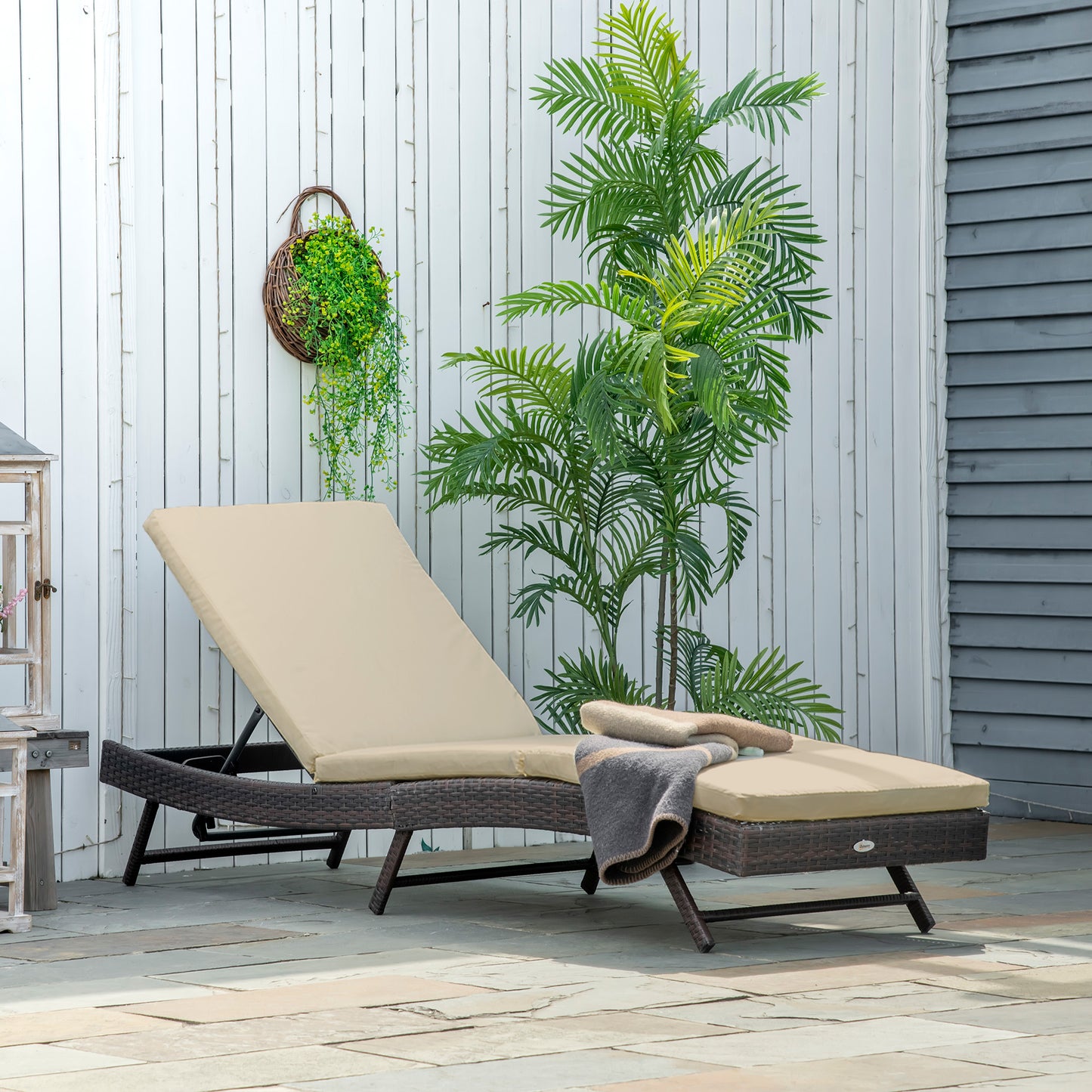 Outsunny Wicker Patio Lounger, Outdoor S Shape Recliners Lounge Chair w/ 5-Level Adjustable Backrest, Soft Padded Cushion for Outdoor Use, Cream White