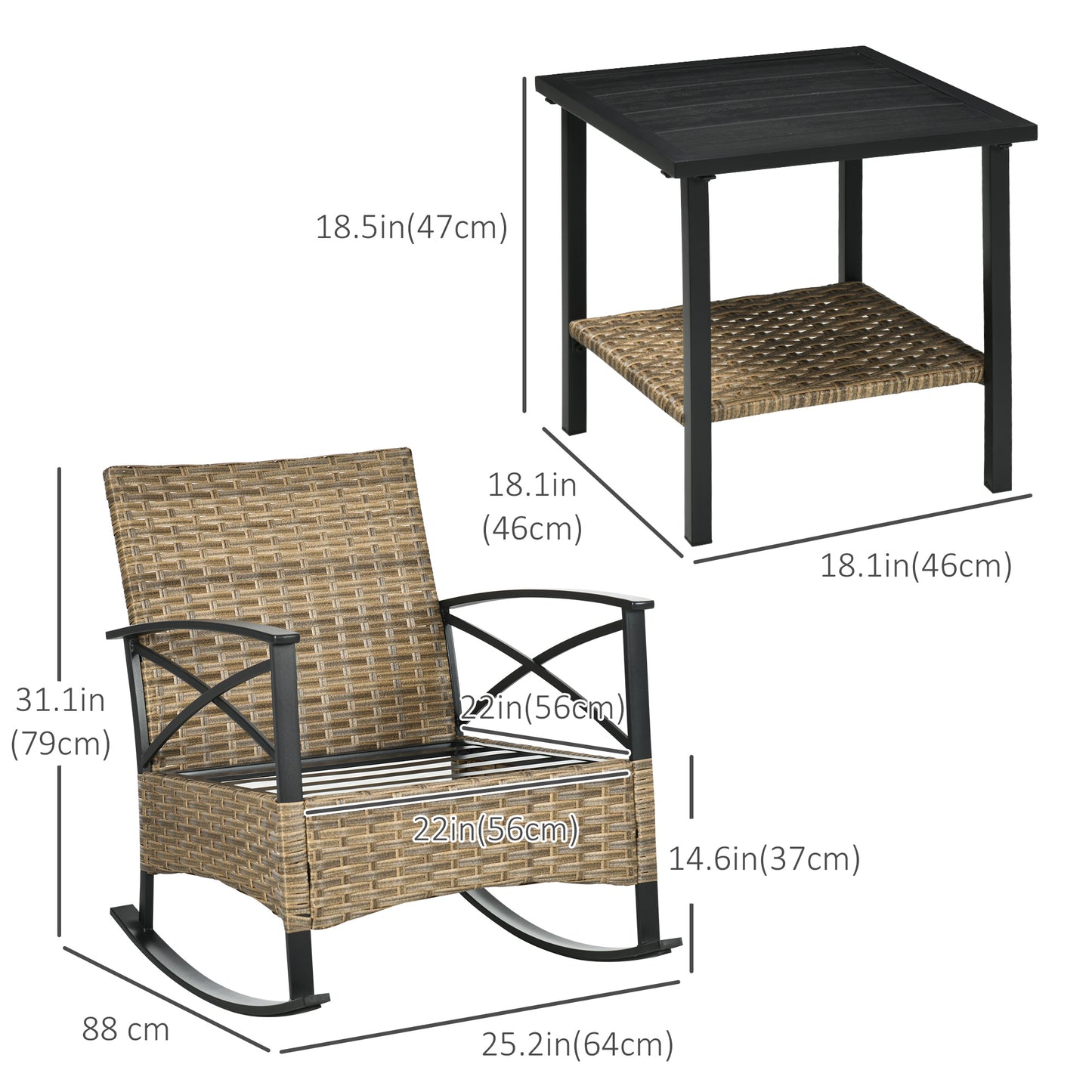Outsunny 3 Pcs Outdoor PE Rattan Rocking Chair Set, Bistro Set with Two-tier Table, Padded Cushions for Garden, Dark Blue