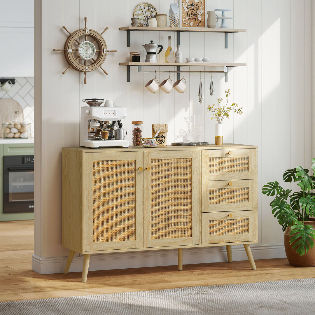 HOMCOM 47" Buffet Cabinet with Soft-Close Doors, Rattan Sideboard with Drawers, Adjustable Shelf and Wooden Legs, Natural