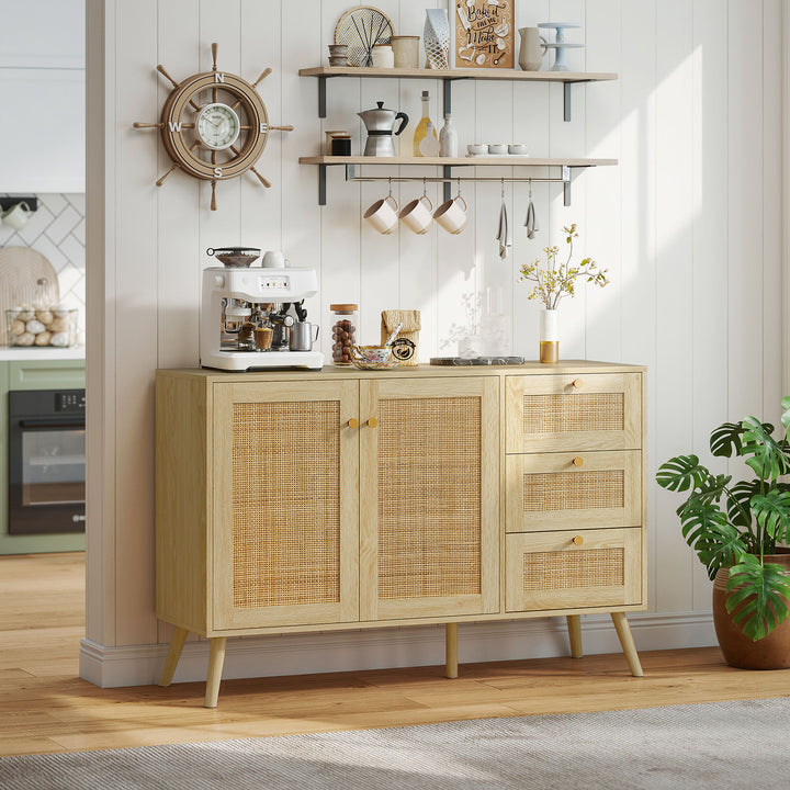 HOMCOM 47" Buffet Cabinet with Soft-Close Doors, Rattan Sideboard with Drawers, Adjustable Shelf and Wooden Legs, Natural