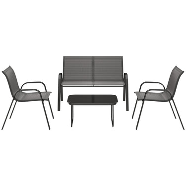 Outsunny 4 Pieces Outdoor Furniture Set with 2 Stackable Chairs, Loveseat, Patio Conversation Set with Glass Coffee Table, Black