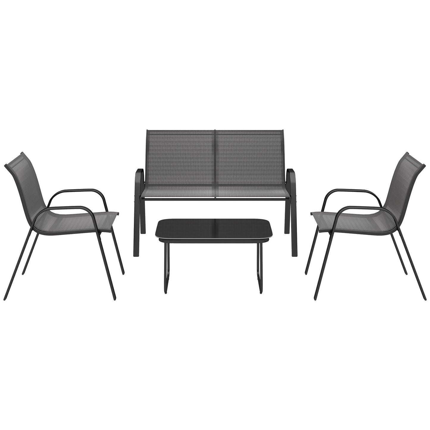 Outsunny 4 Pieces Outdoor Furniture Set with 2 Stackable Chairs, Loveseat, Patio Conversation Set with Glass Coffee Table, Black