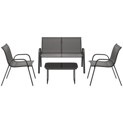 Outsunny 4 Pieces Outdoor Furniture Set with 2 Stackable Chairs, Loveseat, Patio Conversation Set with Glass Coffee Table, Black