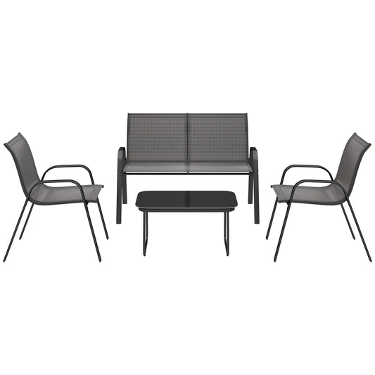 Outsunny 4 Pieces Outdoor Furniture Set with 2 Stackable Chairs, Loveseat, Patio Conversation Set with Glass Coffee Table, Black