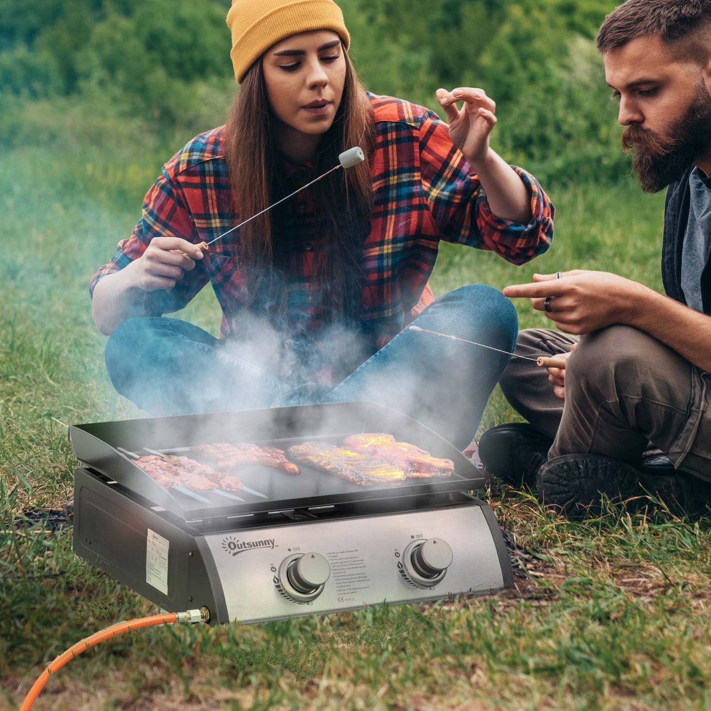 Outsunny 3 Burner Liquefied Gas Grill, Portable Tabletop BBQ Grill, for Camping, Picnic, Silver
