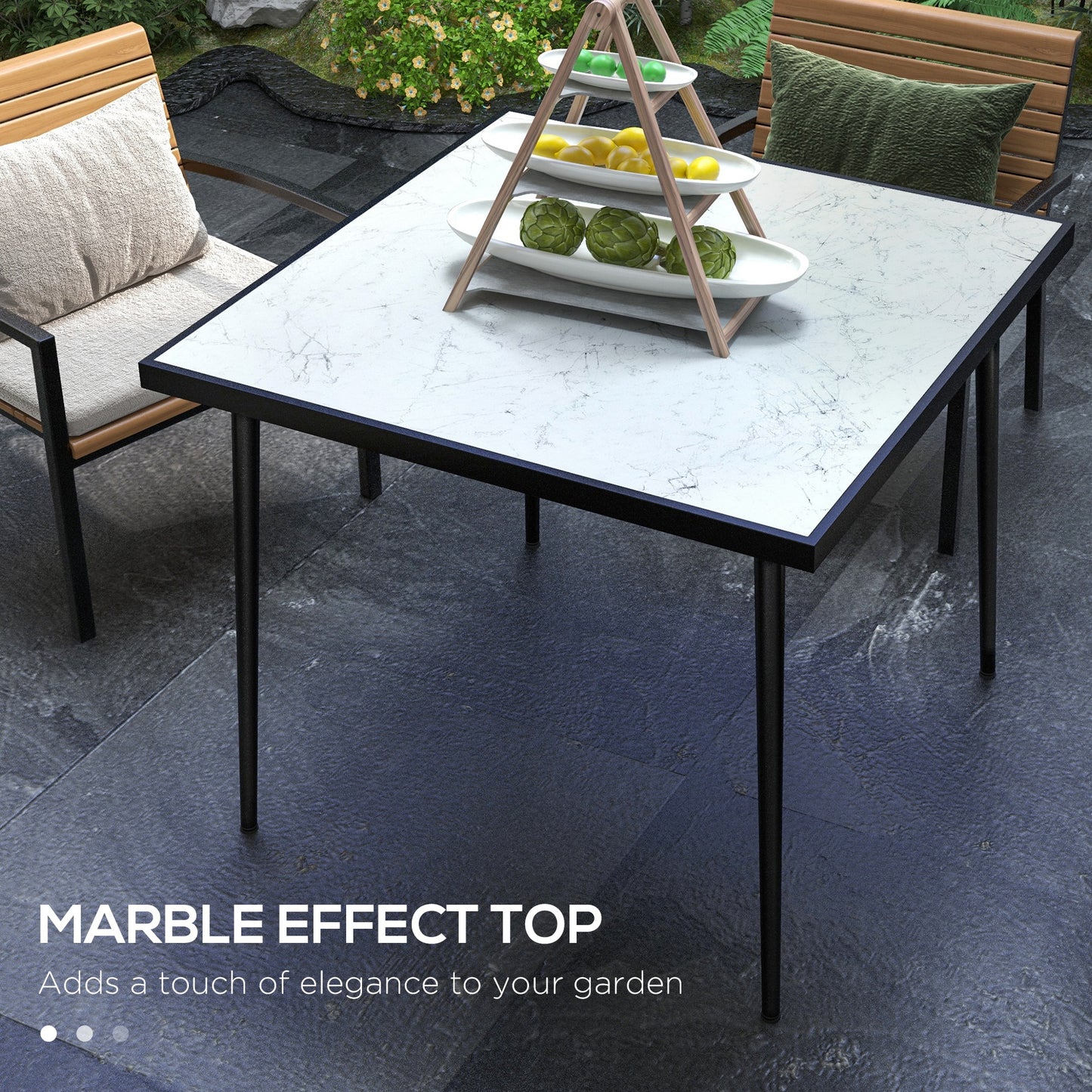 Outsunny Outdoor Dining Table for 4, Square Patio Dining Table with Marble Effect Tempered Glass Top and Steel Frame, White