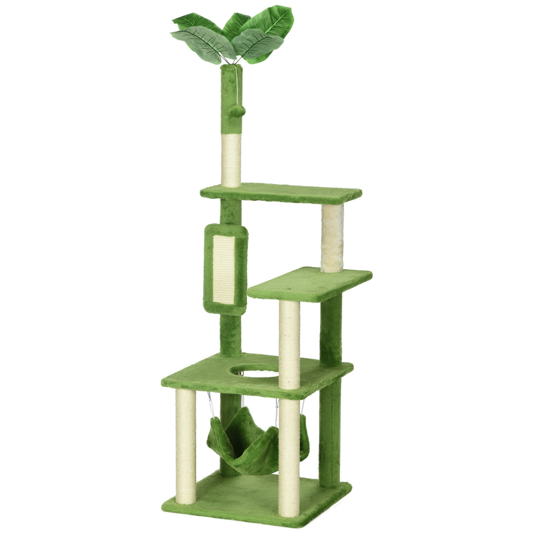PawHut 56" Cat Tree for Large Cats Adult with Hammock, Cat Tower with Scratching Post, Platforms, Play Ball and Anti-tipping Device, for Indoor Cats, Green