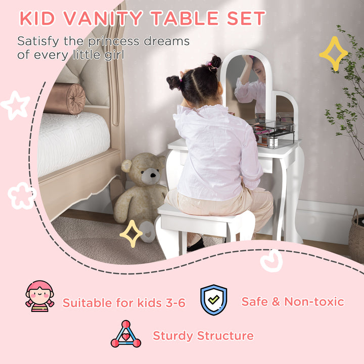 Qaba Kids Dressing Table and Chair Set, Girls Dressing Set, Makeup Desk with Drawer for 3-6 Years Old Kids, Pink