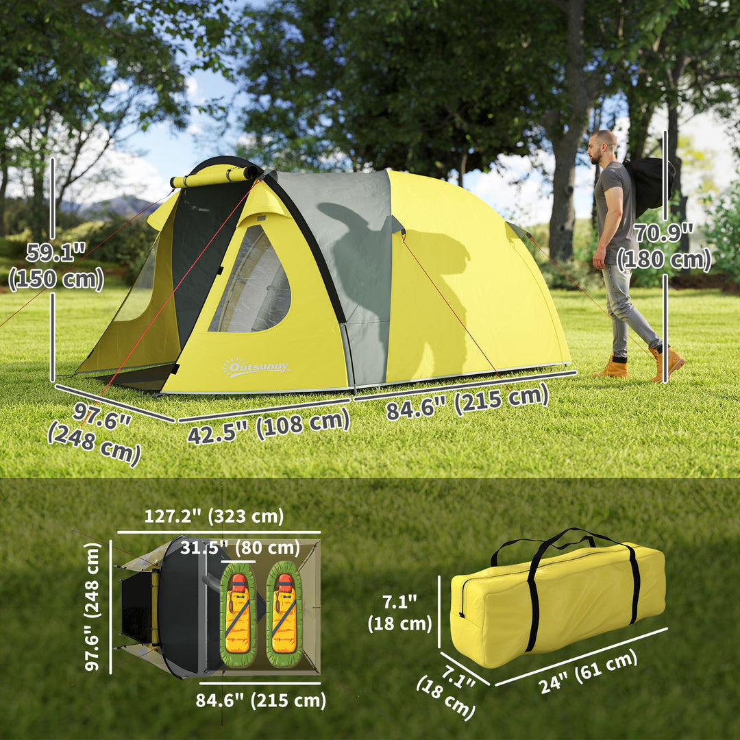Outsunny 3-4 Person Camping Tent, Easy Set Up Dome Tent with Porch, Waterproof Family Tent with Bedroom and Sewn-in Groundsheet