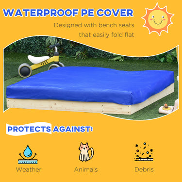 Outsunny Wooden Kids Sandbox with Foldable Bench Seat, 2 Plastic Boxes, Bottom Liner, Storage Space for Garden, Backyard