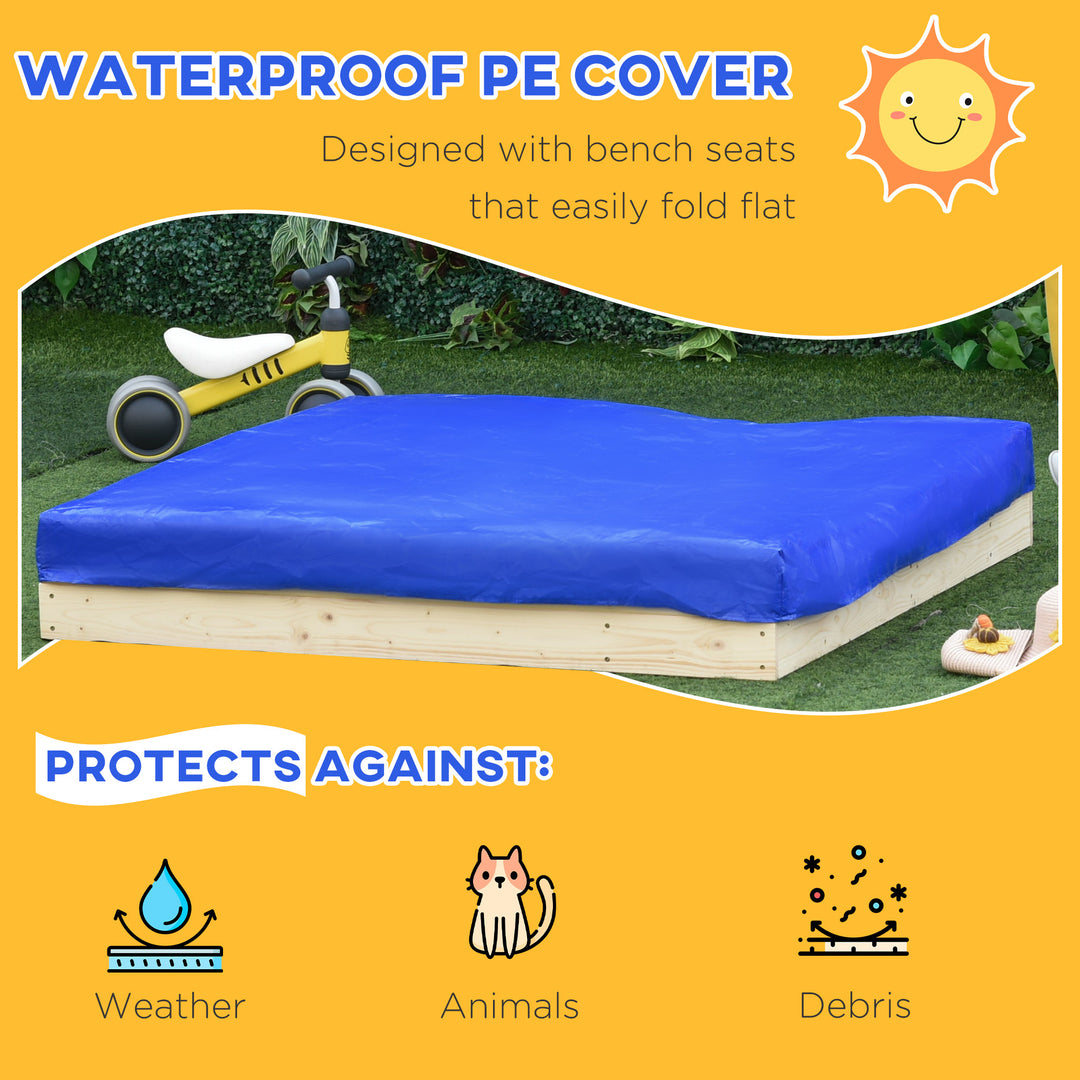 Outsunny Wooden Kids Sandbox with Foldable Bench Seat, 2 Plastic Boxes, Bottom Liner, Storage Space for Garden, Backyard