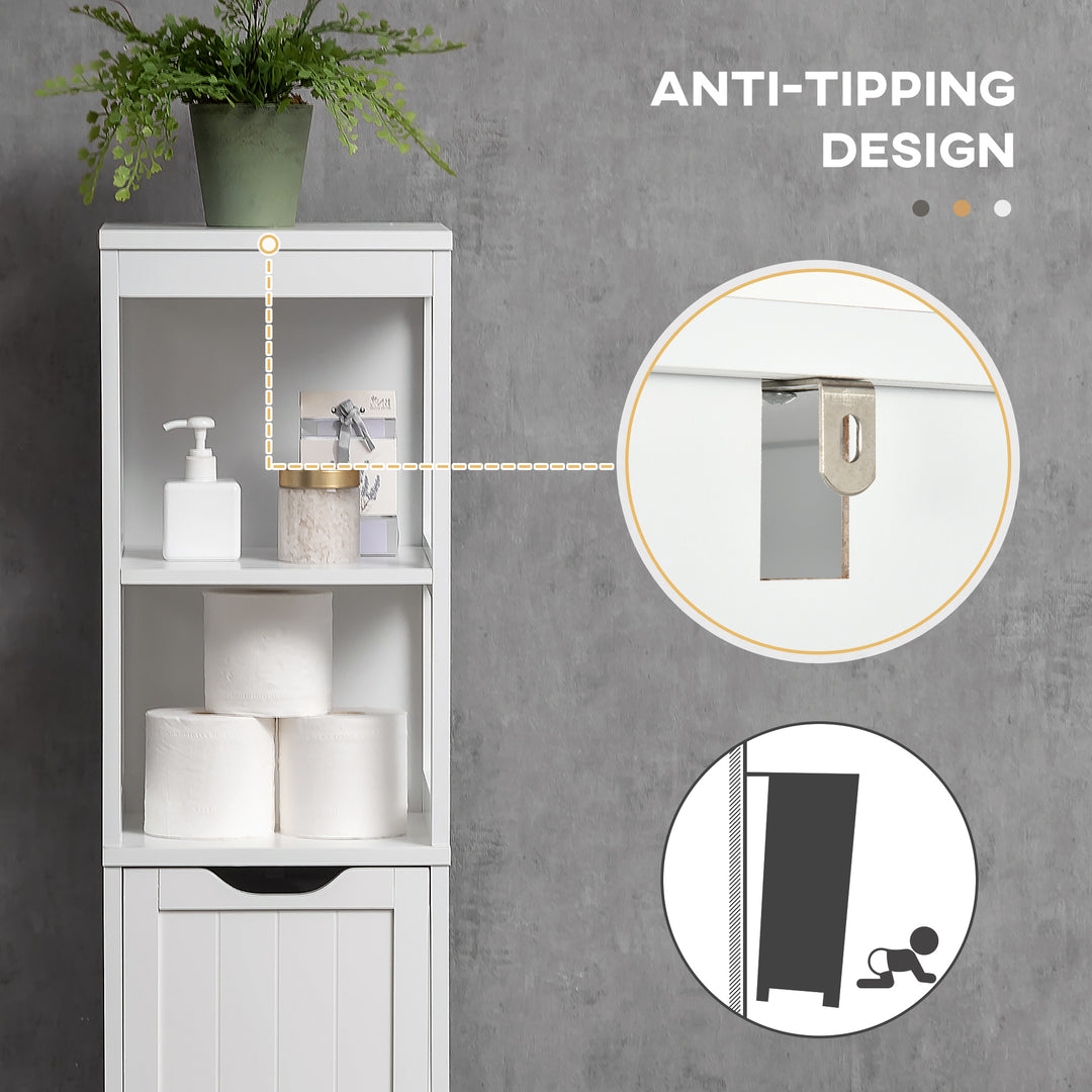 kleankin Narrow Bathroom Cabinet with 3 Drawers and 2 Tier Shelf, Tall Cupboard Freestanding Linen Tower, White