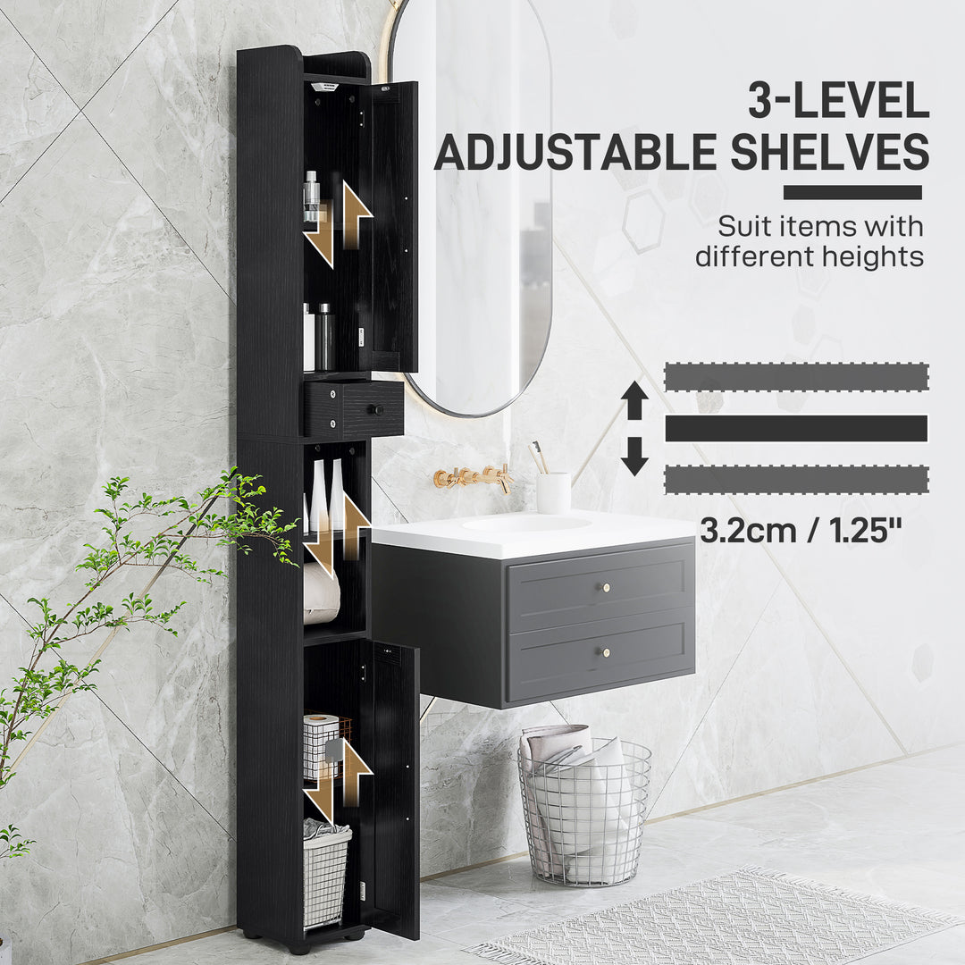 HOMCOM Narrow Bathroom Cabinet, Tall Bathroom Storage Cabinet with Barn Doors, Drawer and Adjustable Shelves, Brown Wood Grain