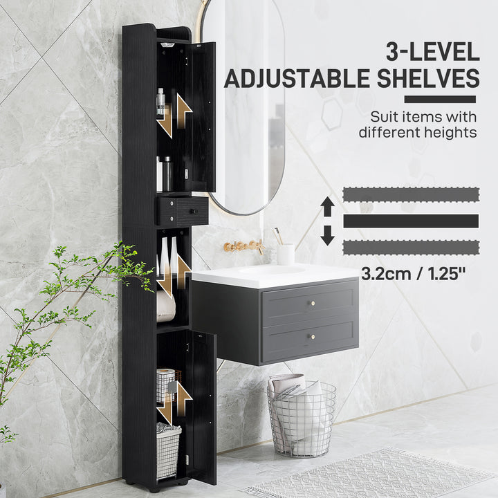 HOMCOM Narrow Bathroom Cabinet, Tall Bathroom Storage Cabinet with Barn Doors, Drawer and Adjustable Shelves, Brown Wood Grain