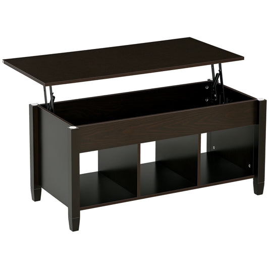 HOMCOM Lift Top Coffee Table with Hidden Storage Compartment and 3 Lower Shelves, Pop-Up Center Table for Living Room, Espresso