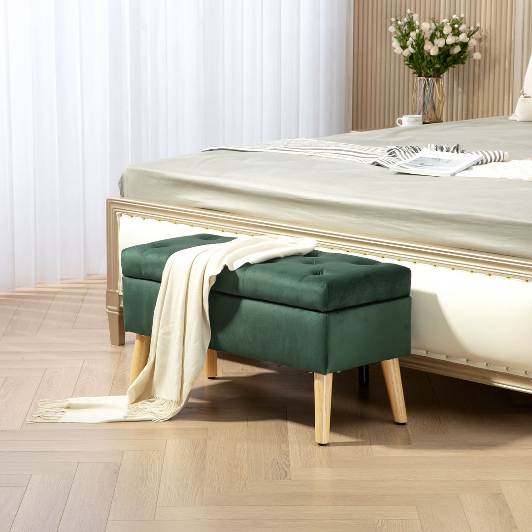 HOMCOM Storage Ottoman with Lid, Velvet Upholstered Storage Bench with Wood Legs for Living Room, Charcoal Grey