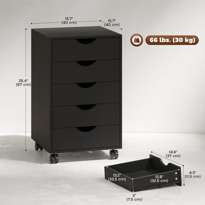 HOMCOM File Cabinet with 5 Drawer Wheels, 15.7" x 15.7" x 26.4", Black