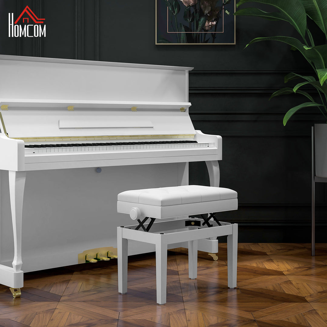 HOMCOM Adjustable Piano Bench with Storage and Soft PU Leather Padded, with Enough Music Storage Design, White