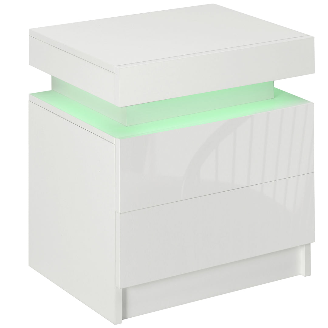 HOMCOM Nightstand, Bedside Table with LED Lights and 2 Drawers for Bedroom, Living Room, White