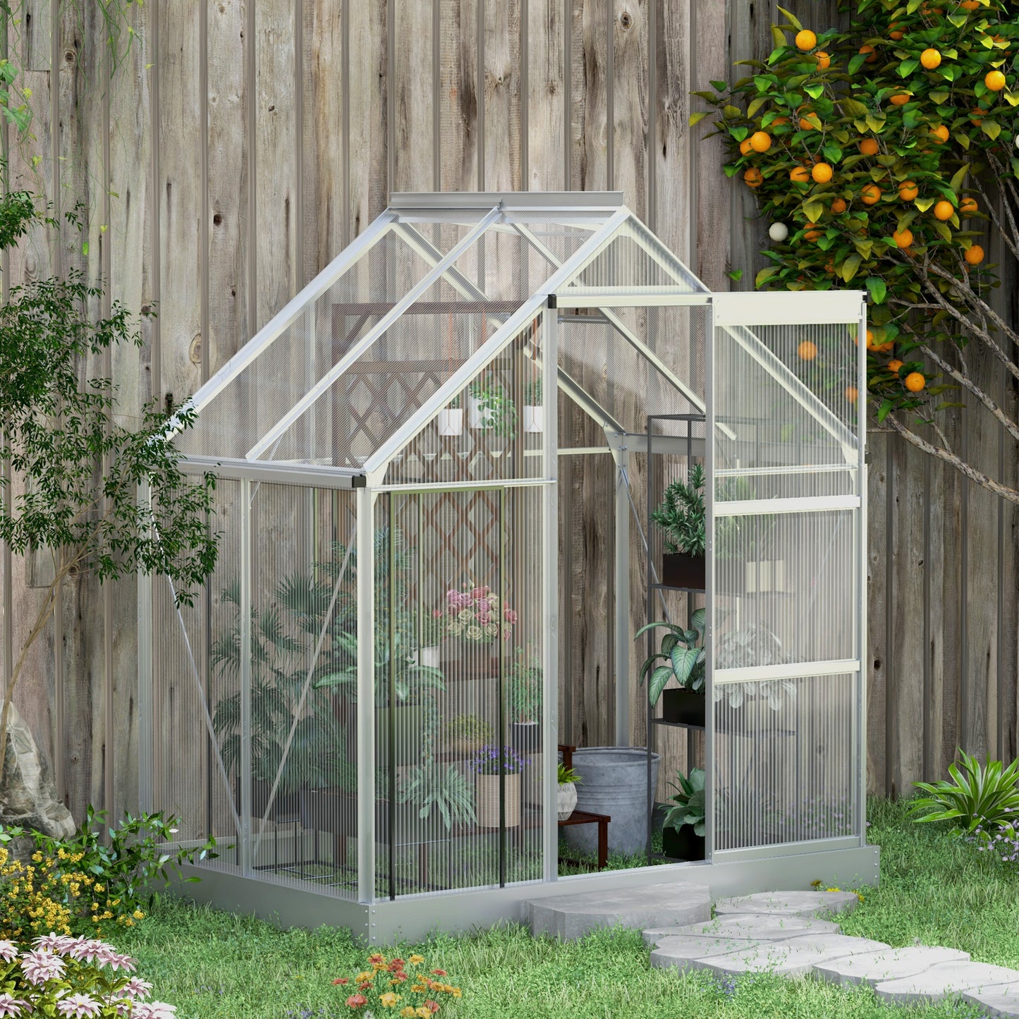Outsunny 6' x 6' Walk-In Greenhouse, Polycarbonate Greenhouse with Sliding Door, Window, Aluminium Frame, Foundation, Silver