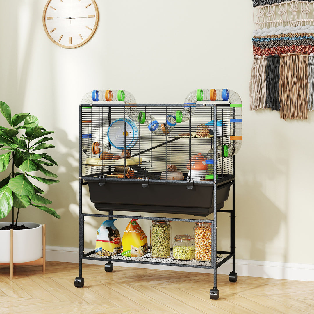 PawHut 3 Tier Rolling Hamster Cage with 7" Deep Tray, Storage Shelf, Big Exercise Wheel, Tube System, for Syrian, Gerbil, Rat