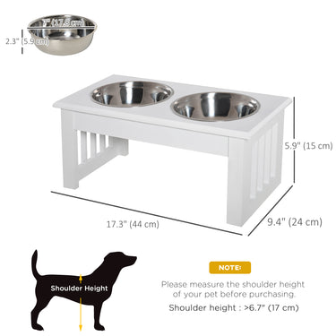 PawHut Deluxe Double Pet Dog Bowl Feeding Station Wooden Stand Pet Feeder Elevated Base Twin Bowls Stainless Steel, White