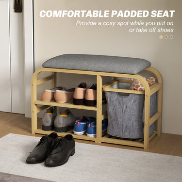 HOMCOM Bamboo Entryway Bench, Shoe Storage Bench with Cushion, Slat Shelves, Pull-Out Basket for Hallway, Entryway, Nature Wood