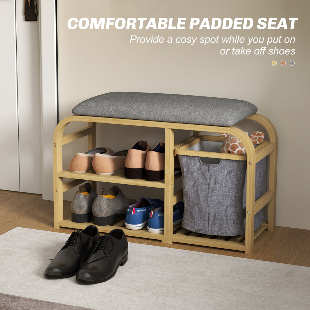 HOMCOM Bamboo Entryway Bench, Shoe Storage Bench with Cushion, Slat Shelves, Pull-Out Basket for Hallway, Entryway, Nature Wood