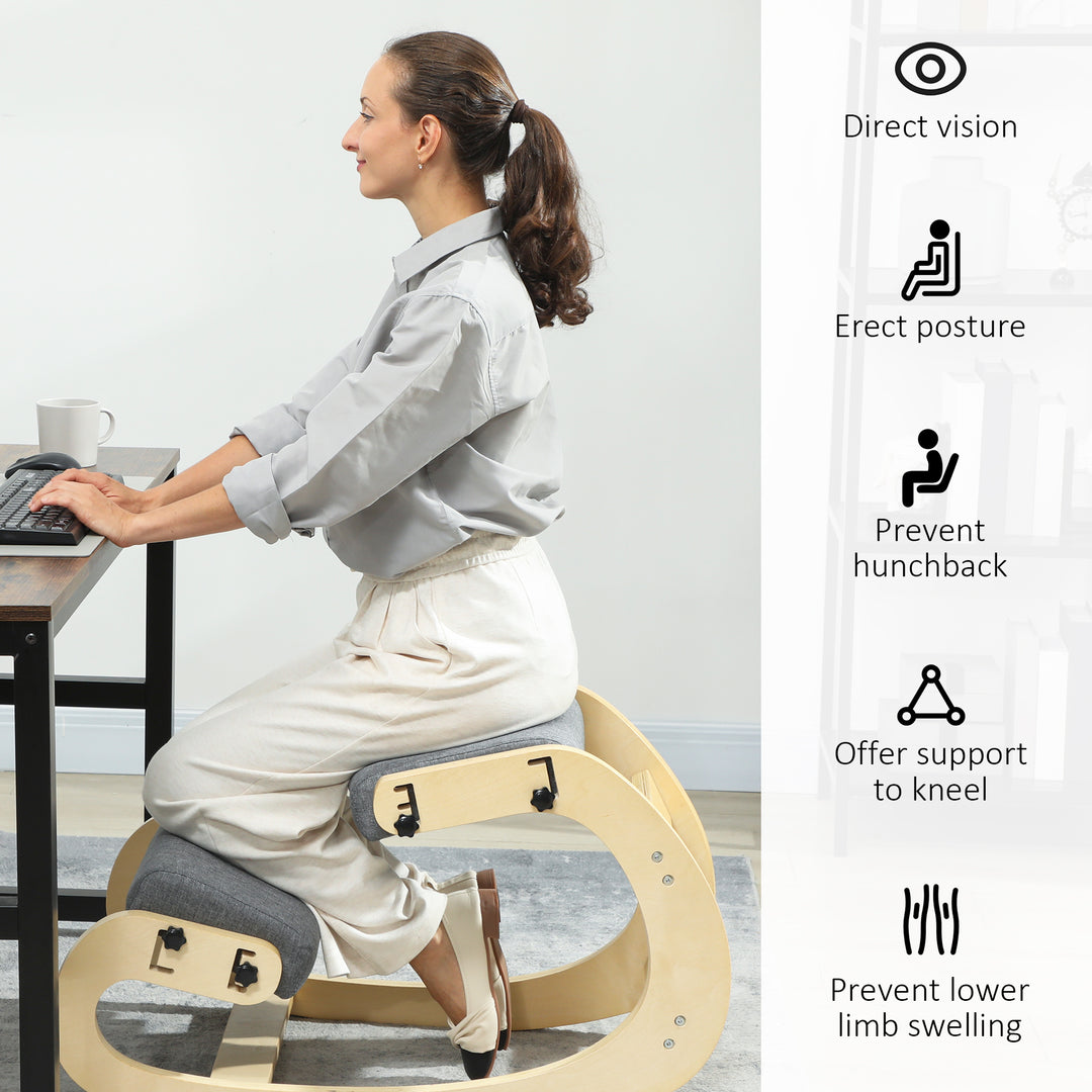HOMCOM Ergonomic Kneeling Chair, Adjustable Rocking Wood Kneeling Stool, Desk Chair, Improve Posture, Cream White