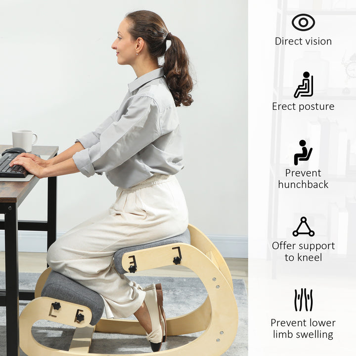 HOMCOM Ergonomic Kneeling Chair, Adjustable Rocking Wood Kneeling Stool, Desk Chair, Improve Posture, Cream White