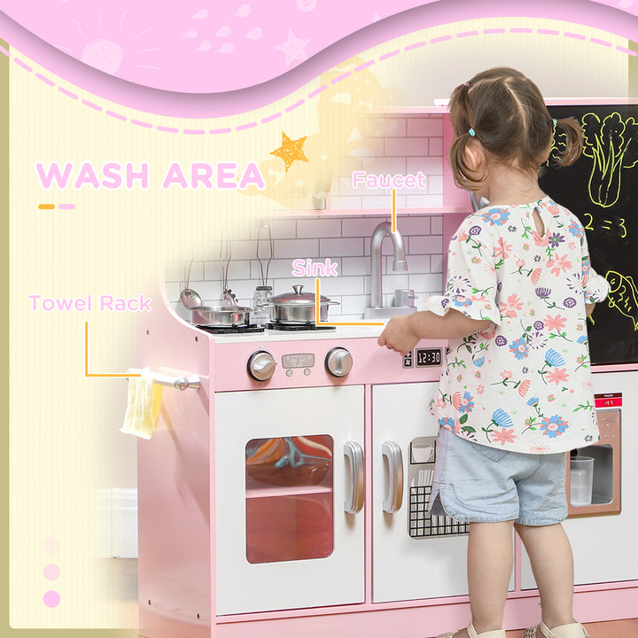 Qaba Play Kitchen for Kids, Kids Kitchen Playset w/ Chalkboard, Ice Maker, Play Phone, Sink, Microwave