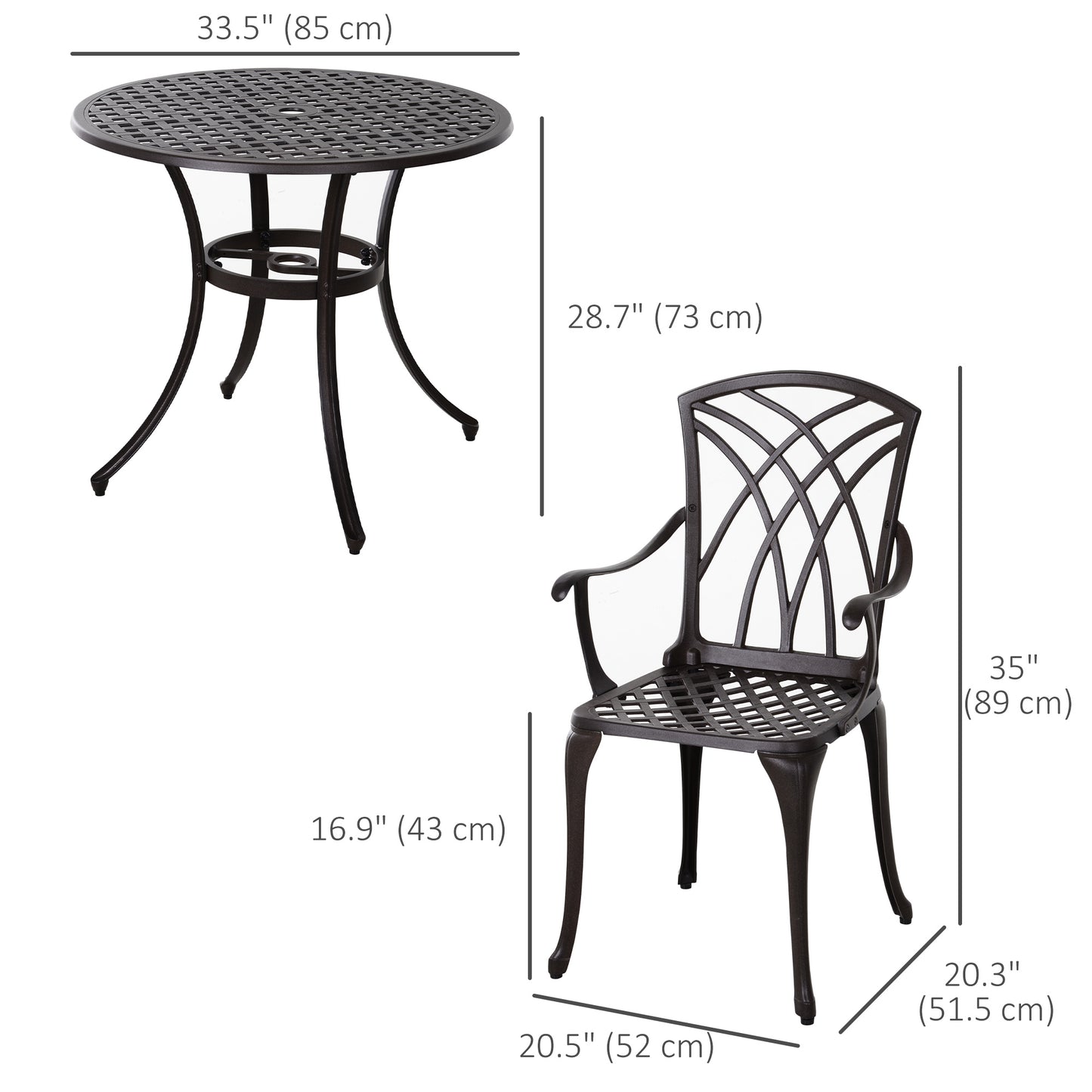 Outsunny 5 Pieces Outdoor Dining Set, Cast Aluminium Patio Table and Chairs with Parasol Hole, Patio Dining Set for 4, Brown