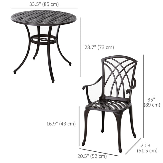 Outsunny 5 Pieces Outdoor Dining Set, Cast Aluminium Patio Table and Chairs with Parasol Hole, Patio Dining Set for 4, Brown