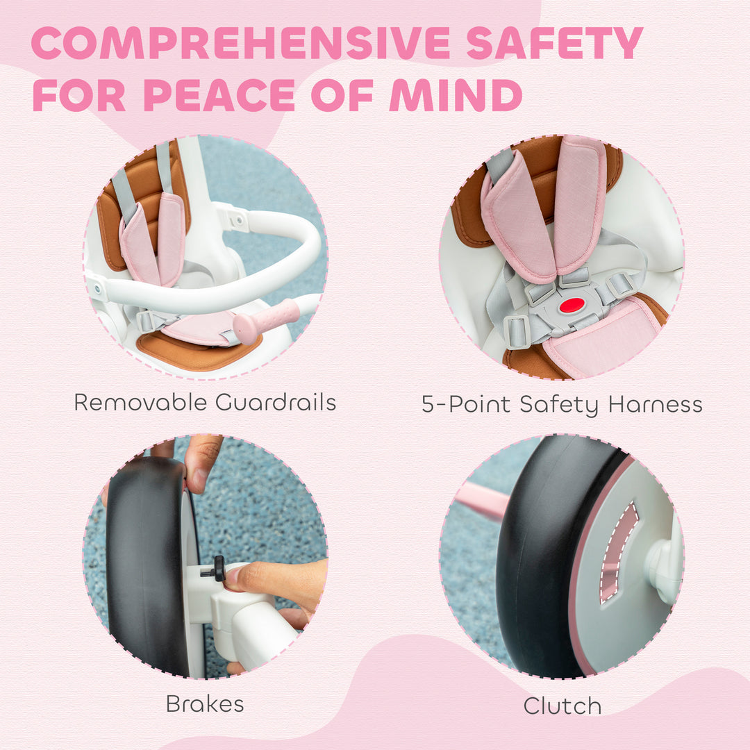 Qaba 7 in 1 Toddler Tricycle with Safety Harness, Adjustable & Removable Parent Handle, Canopy, Storage Bag, Brake, Pink