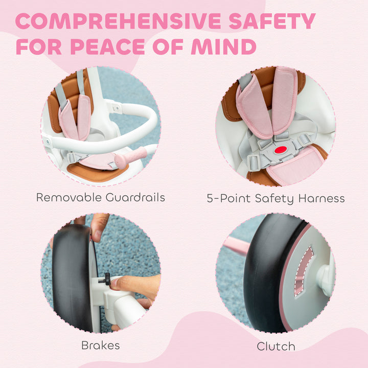 Qaba 7 in 1 Toddler Tricycle with Safety Harness, Adjustable & Removable Parent Handle, Canopy, Storage Bag, Brake, Pink
