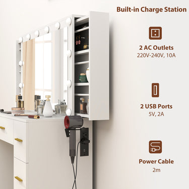 HOMCOM Makeup Vanity Table with Lights, Dressing Table with 7 Drawers, 6 Hidden Sliding Storage Compartments, White